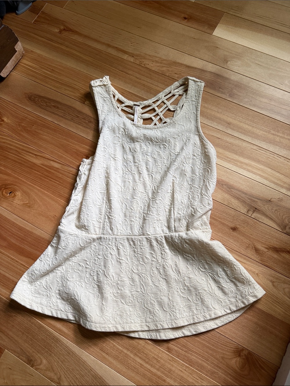 Free People Cream Textured Tank Top with Lattice Back